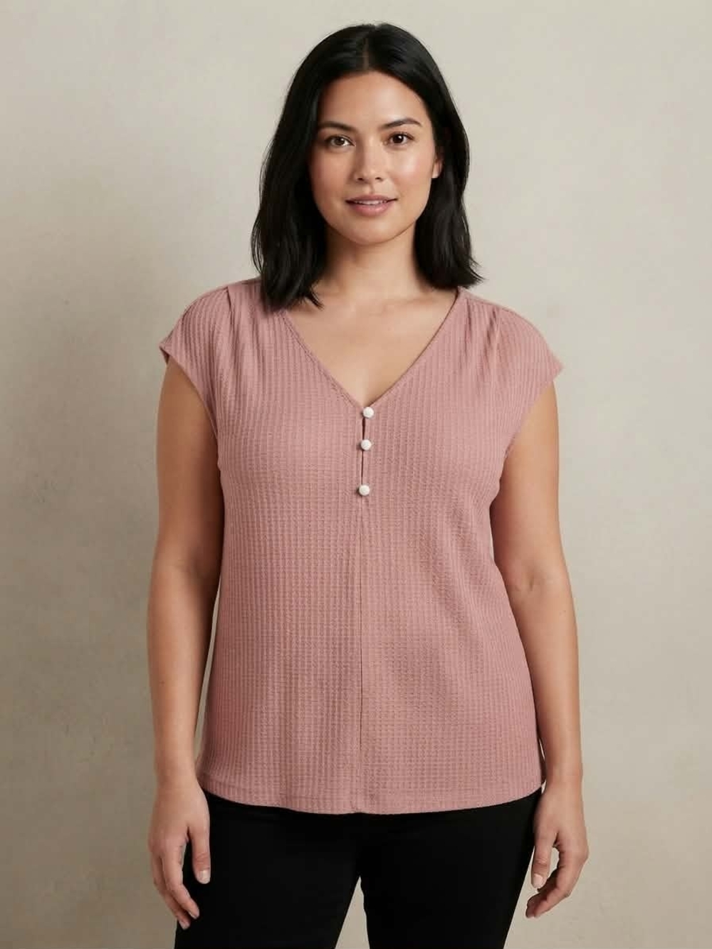 Waffle Knit V-Neck Short Sleeve Top with Button Detail Size M